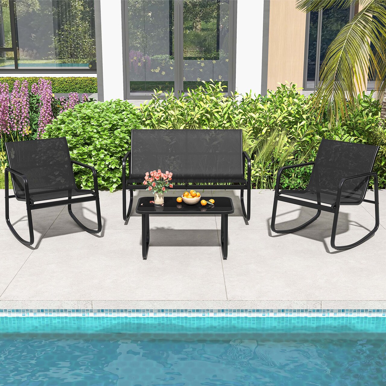 Costway 4/8 PCS Patio Rocking Set 4 Rocking Chairs & 2 Loveseat with Glass-Top Table Outdoor Black